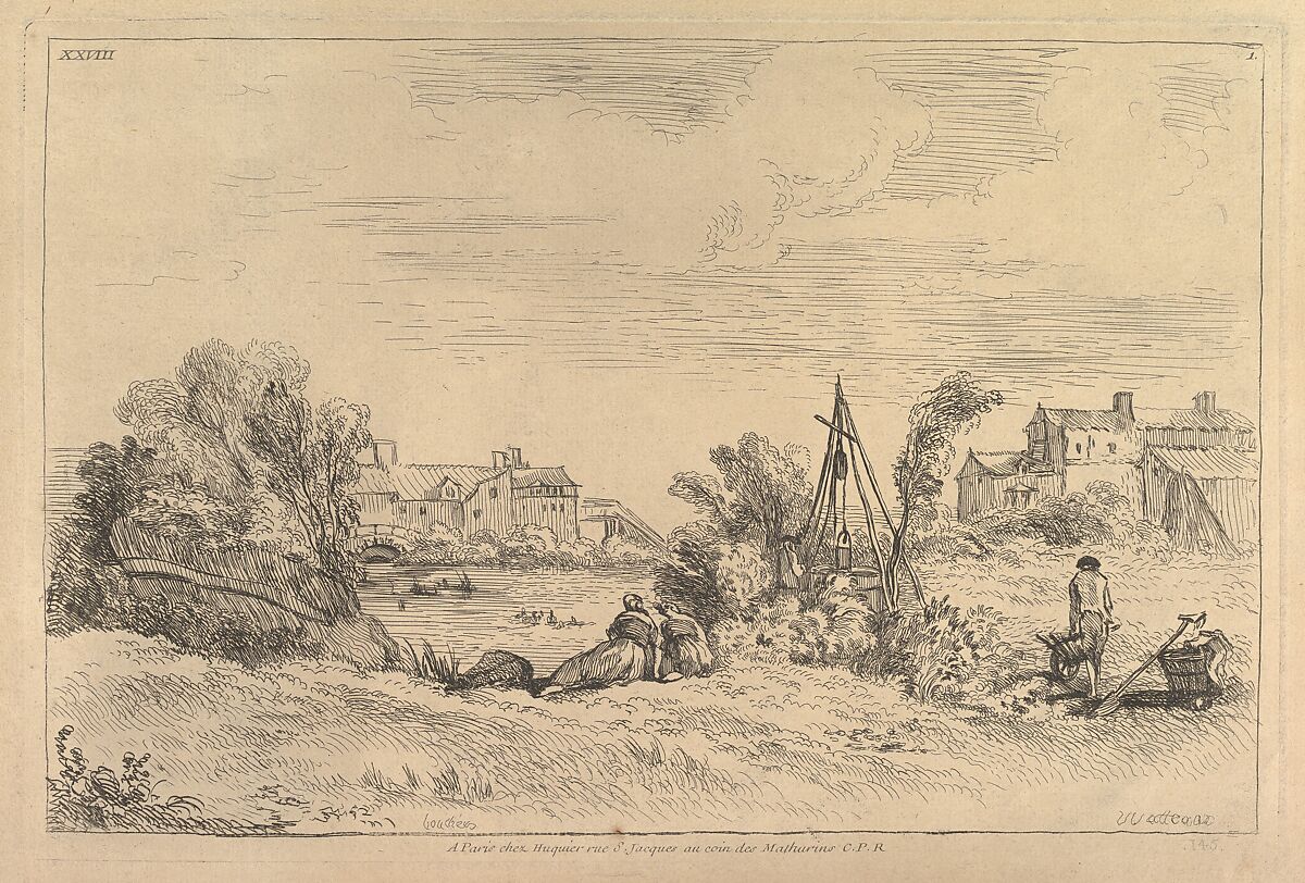 River Bank with Factories in the Background, François Boucher (French, Paris 1703–1770 Paris), Etching; first state 