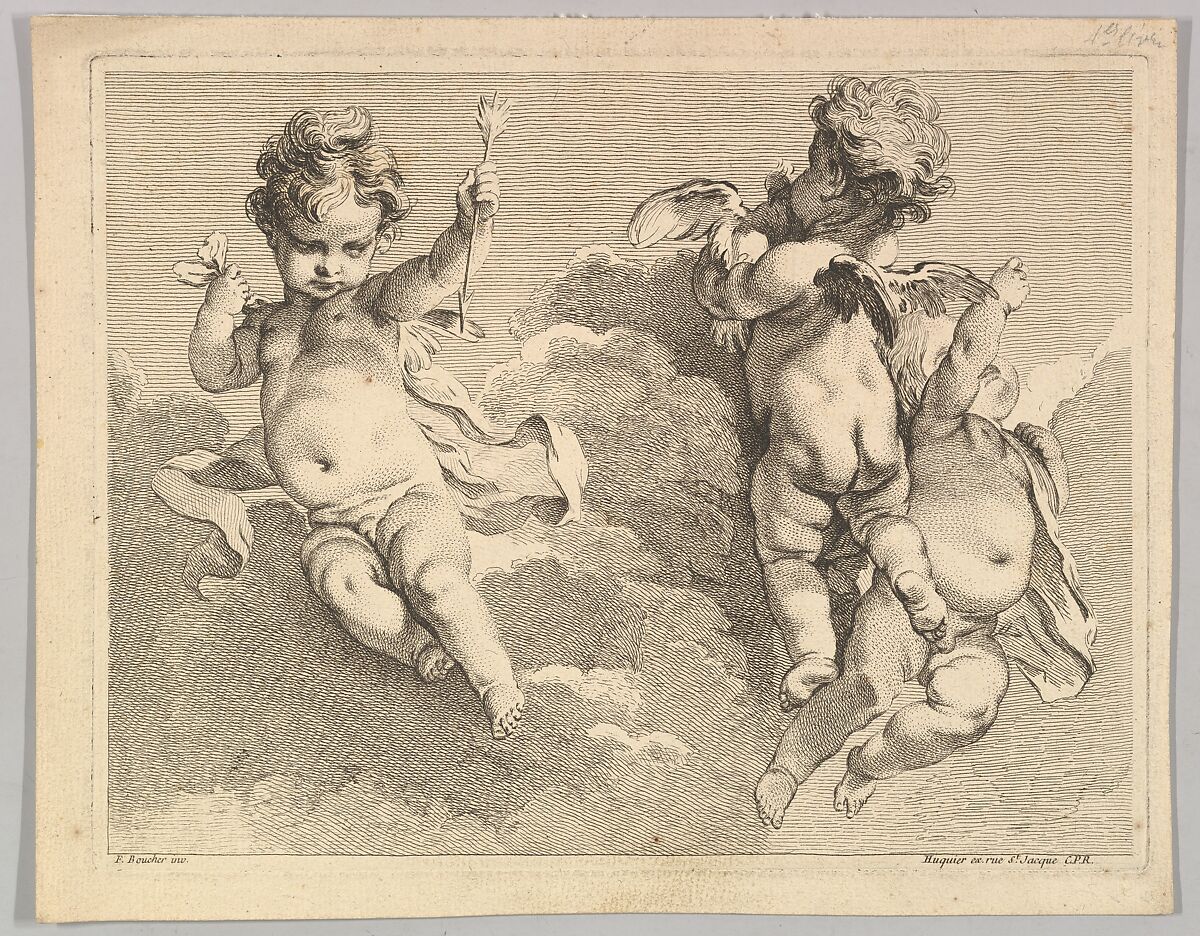Trois Amours dont un tient une flèche (Three Loves, one of which holds an arrow), from Premiere Livre de Groupes d'Enfans (First Book of Groups of Children), Pierre Alexandre Aveline (French, Paris 1702–1760 Paris), Etching and engraving 
