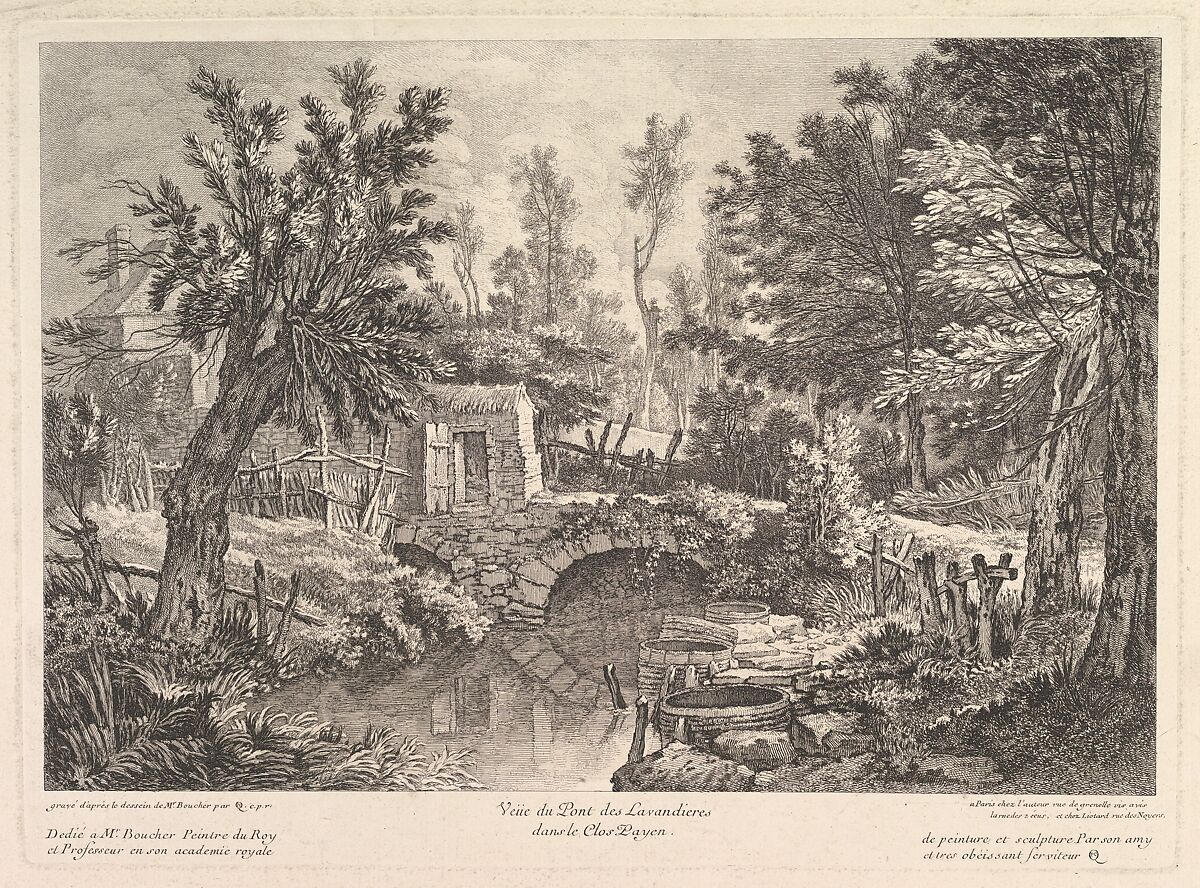 View of the Lavandieres Bridge at the Peasant House, Quentin Pierre Chedel (French, Châlons-en-Champagne 1705–1763 Châlons-en-Champagne), Etching 