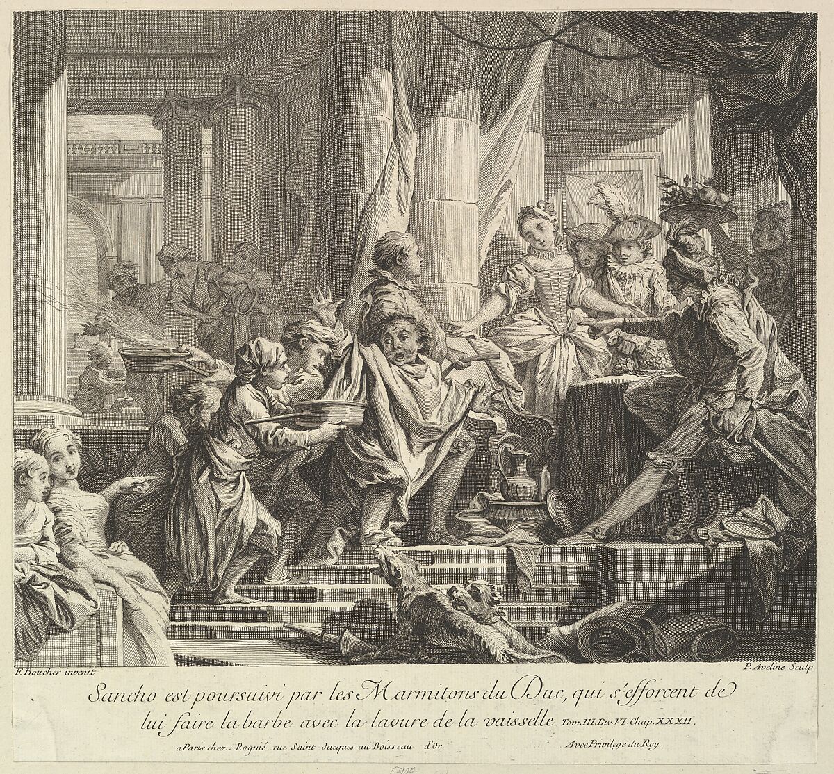 Sancho Pursued by the Kitchen Boys of the Duke, Pierre Alexandre Aveline (French, Paris 1702–1760 Paris), Etching and engraving 