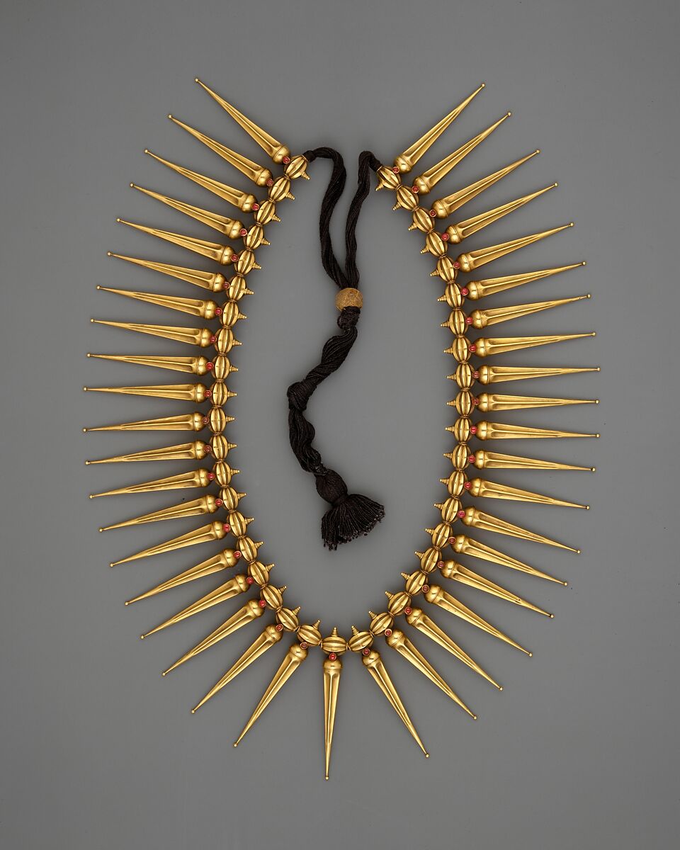 Jasmine Bud Necklace (Malligai Arumbu Malai), Gold with rubies strung on black thread, India (Tamil Nadu and Kerala) 
