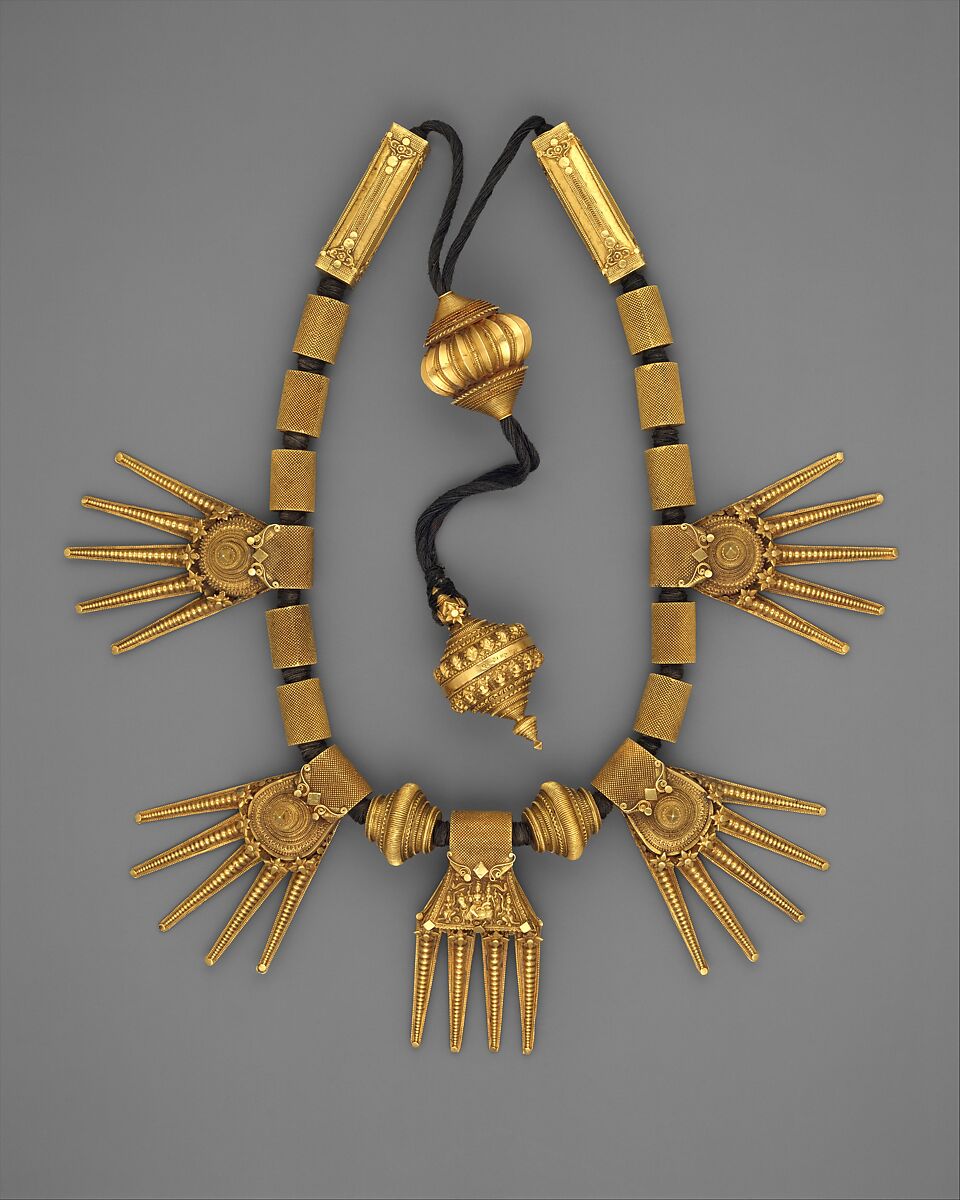 Marriage Necklace (Thali), Gold strung on black thread, India (Tamil Nadu, Chetiar) 