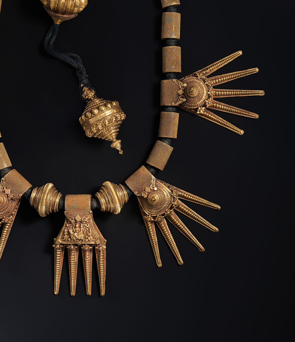 Marriage Necklace (Thali), Gold strung on black thread, India (Tamil Nadu, Chetiar)