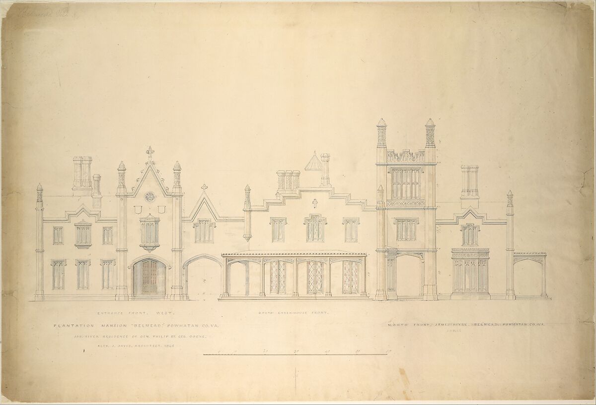 Belmead, Plantation Mansion for Philip St. George Cocke, Powhatan Co., Virginia (partial elevations of entrance facade, greenhouse facade and James River facade, shown as continuous), Alexander Jackson Davis (American, New York 1803–1892 West Orange, New Jersey), Watercolor and ink on paper 