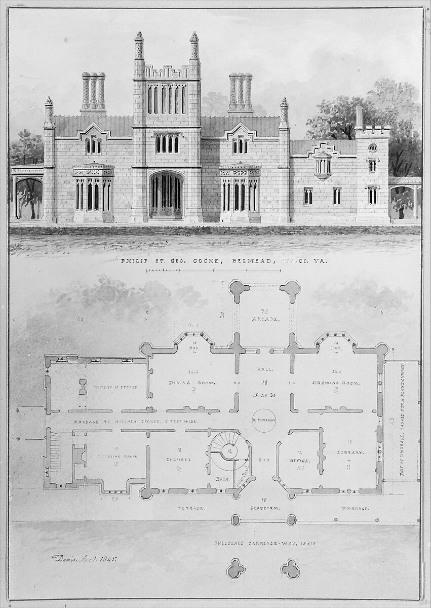 Belmead, for Philip St. George Cocke, Powhatan Co., Virginia (elevation and plan), Alexander Jackson Davis (American, New York 1803–1892 West Orange, New Jersey), Watercolor and ink 