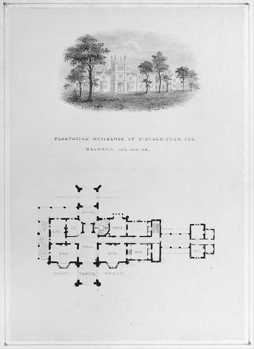 Belmead, James River, Virginia (vignette of riverside elevation and plan), Alexander Jackson Davis (American, New York 1803–1892 West Orange, New Jersey), Wood engraving with watercolor and plan in pen and ink 