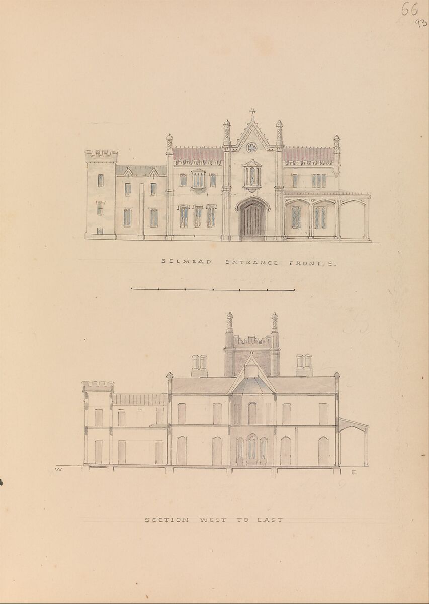 "Belmead", James River, Virginia: Entrance façade and west-east section (recto); North-south section and upper floorplan (verso), Alexander Jackson Davis (American, New York 1803–1892 West Orange, New Jersey), Watercolor and ink 