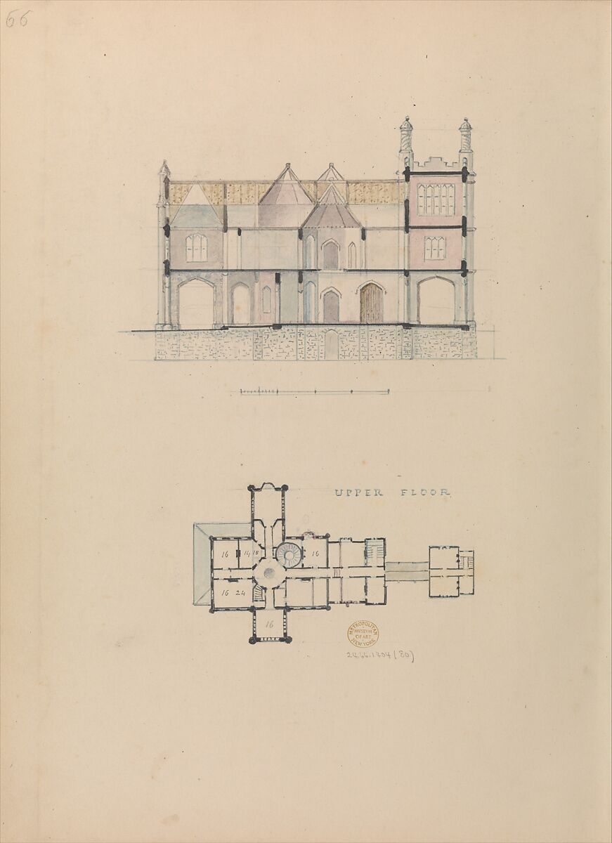 "Belmead", James River, Virginia: Entrance façade and west-east section (recto); North-south section and upper floorplan (verso), Alexander Jackson Davis (American, New York 1803–1892 West Orange, New Jersey), Watercolor and ink