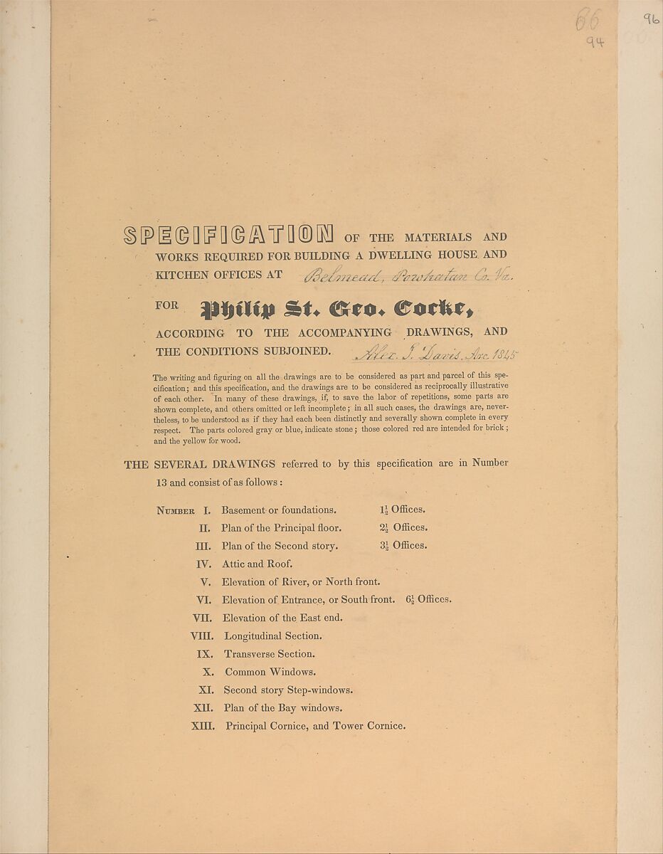 Specifications for "Belmead", James River, Virginia for Philip St. George Cocke, Alexander Jackson Davis (American, New York 1803–1892 West Orange, New Jersey), Letterpress with additions in pen and ink 