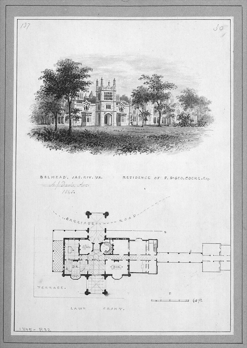 "Belmead", James River, Virginia, Residence of Philip St. George Cocke (vignette of riverside elevation and plan), Alexander Jackson Davis (American, New York 1803–1892 West Orange, New Jersey), Ink and watercolor 