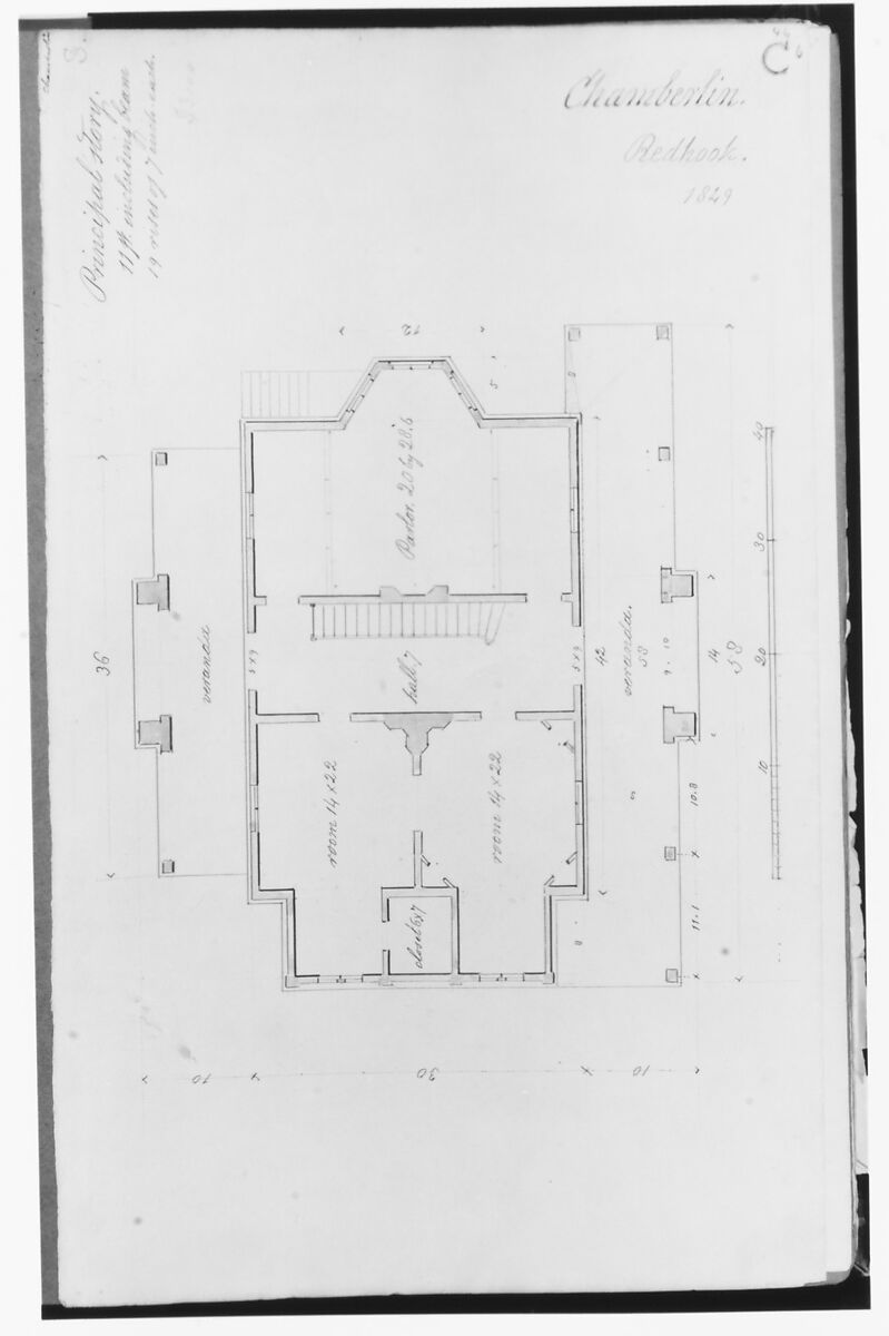 Chamberlin House, Red Hook, Brooklyn, New York (plan of principal floor), Alexander Jackson Davis (American, New York 1803–1892 West Orange, New Jersey) 