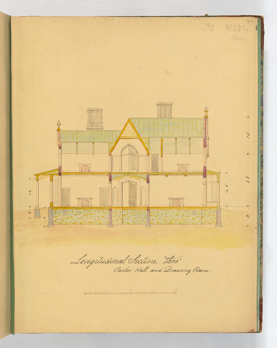 A. J. Davis, Scrapbook XVII, Alexander Jackson Davis (American, New York 1803–1892 West Orange, New Jersey), Bound pages mounted with drawings and prints