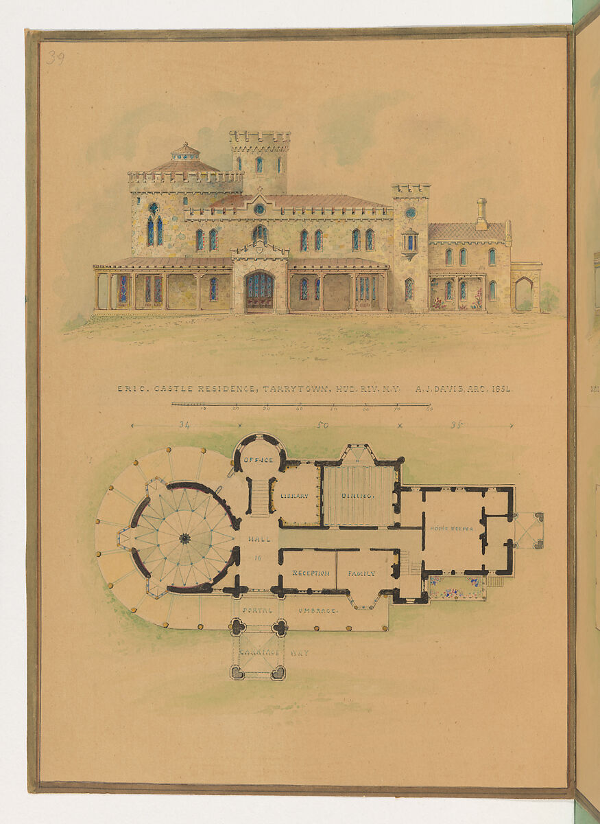 A. J. Davis, Scrapbook XVII, Alexander Jackson Davis (American, New York 1803–1892 West Orange, New Jersey), Bound pages mounted with drawings and prints