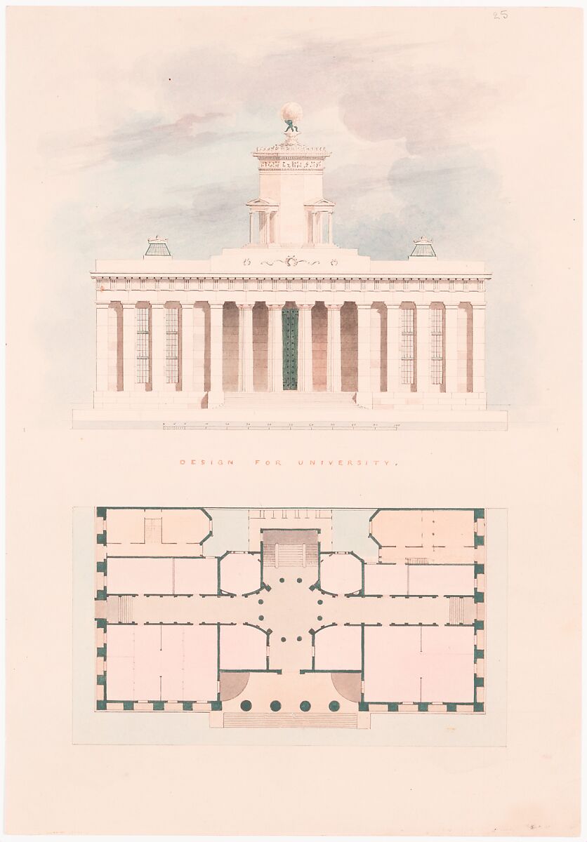 Design for a University (entrance facade and plan), Alexander Jackson Davis (American, New York 1803–1892 West Orange, New Jersey), Ink and watercolor 
