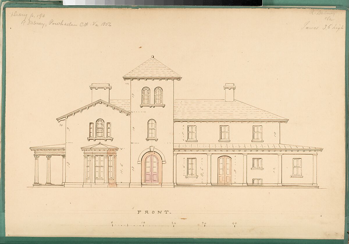 House for R. Dabney, Powhatan, Virginia (front elevation), Alexander Jackson Davis (American, New York 1803–1892 West Orange, New Jersey), Ink and wash 