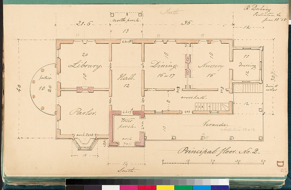House for R. Dabney, Powhatan, Virginia (plan of principal floor), Alexander Jackson Davis (American, New York 1803–1892 West Orange, New Jersey), Ink and wash 