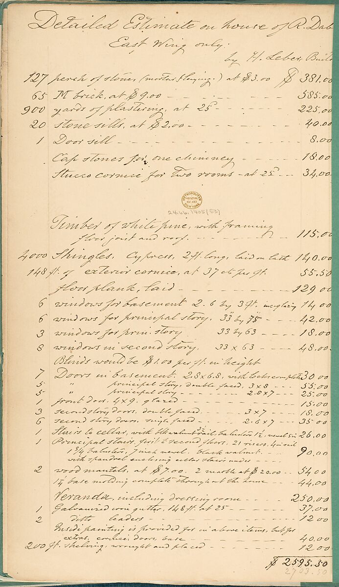 Detailed Estimate on House of R. Dabney, Powhatan, Virginia, East Wing, Alexander Jackson Davis (American, New York 1803–1892 West Orange, New Jersey), Ink and wash 