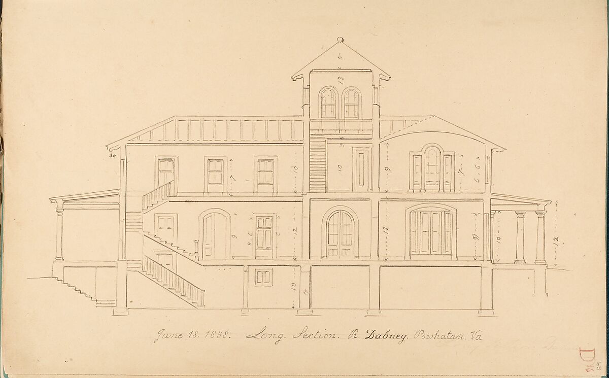 House of R. Dabney, Powhatan, Virginia (long section), Alexander Jackson Davis (American, New York 1803–1892 West Orange, New Jersey), Ink and wash 