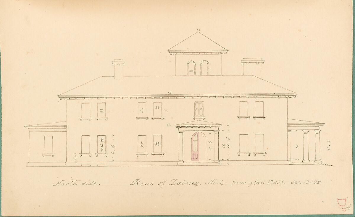 House of R. Dabney, Powhatan, Virginia (north [rear] side), Alexander Jackson Davis (American, New York 1803–1892 West Orange, New Jersey), Ink and wash 
