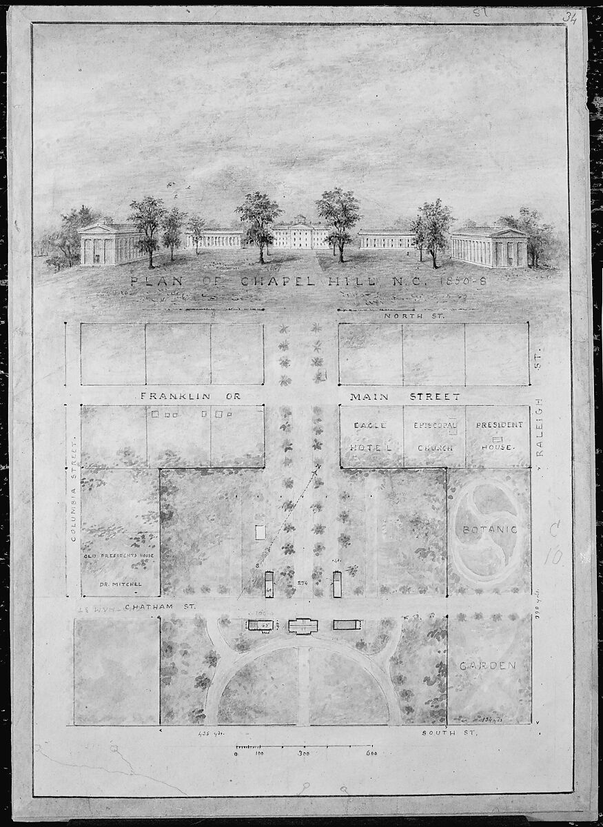 University of North Carolina, Chapel Hill (distant perspective and plan of grounds), Alexander Jackson Davis (American, New York 1803–1892 West Orange, New Jersey), Watercolor, ink and graphite 