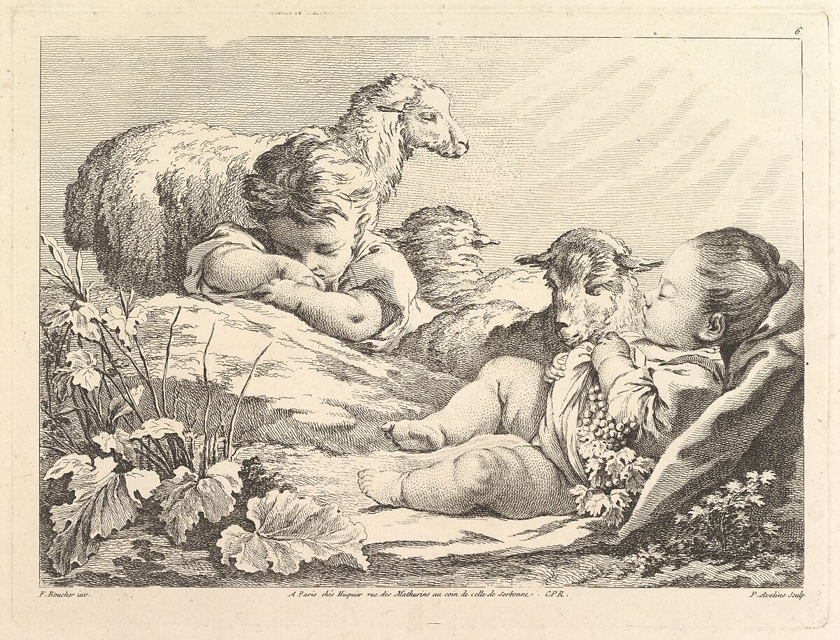 Two Sleeping Children With Three Sheep, Pierre Alexandre Aveline (French, Paris 1702–1760 Paris), Etching and engraving 