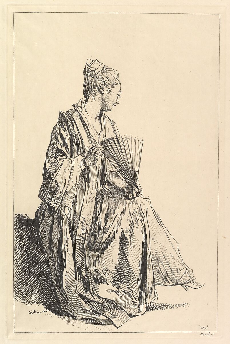 Femme assise, de profil à droite, jouant de l'eventail, François Boucher (French, Paris 1703–1770 Paris), Etching 