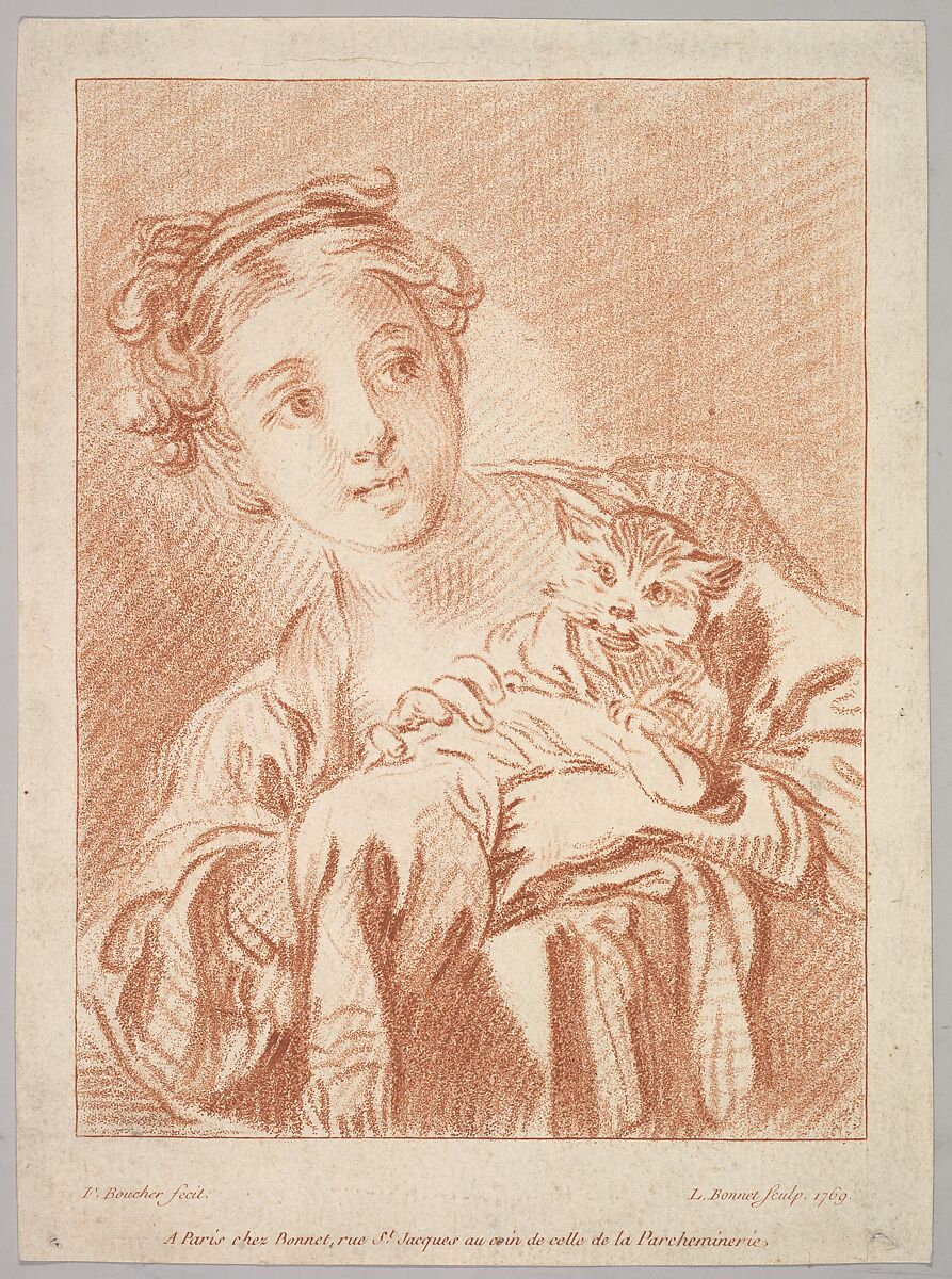 A Young Girl holding a Cat, Louis Marin Bonnet (French, Paris 1736–1793 Saint-Mandé, Val-de-Marne), Crayon-manner engraving printed in sanguine ink; second state of two 