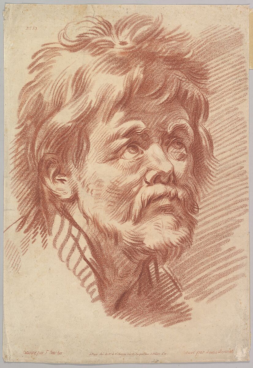 Head of an Old Man, Louis Marin Bonnet (French, Paris 1736–1793 Saint-Mandé, Val-de-Marne), Crayon manner engraving printed in brown ink 