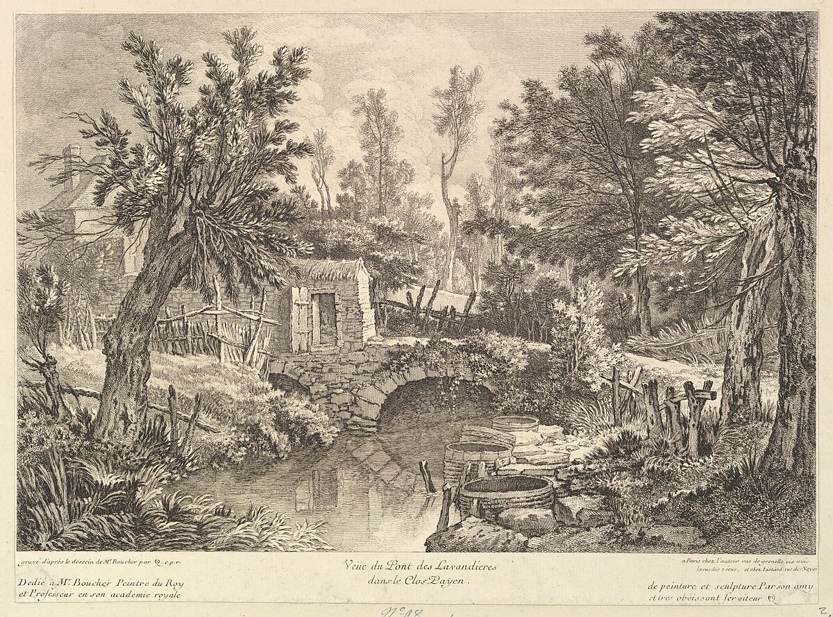 View of the Bridge of Washerwomen at the Peasant House, Quentin Pierre Chedel (French, Châlons-en-Champagne 1705–1763 Châlons-en-Champagne), Etching 