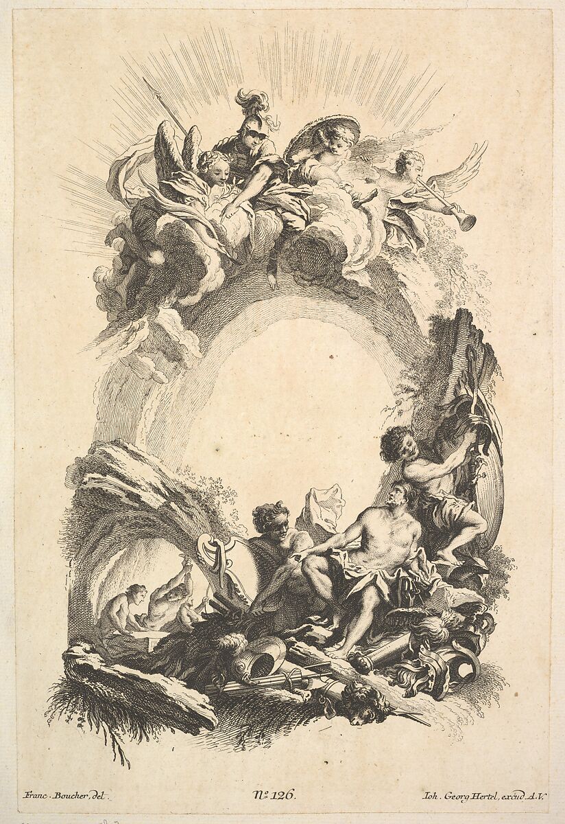 The Forges of Vulcan, from Book of Cartouches, Johann Georg Hertel (German, Augsburg ca. 1700–1775 Augsburg), Etching and engraving (reverse copy) 
