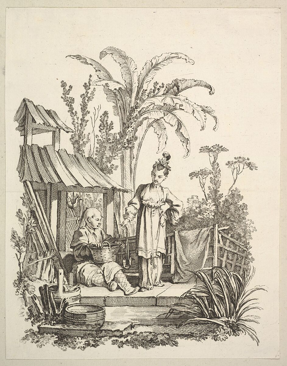 A Seated Chinese Man and a Woman Carrying a Fish, Gabriel Huquier (French, Orléans 1695–1772 Paris), Etching and stippling 
