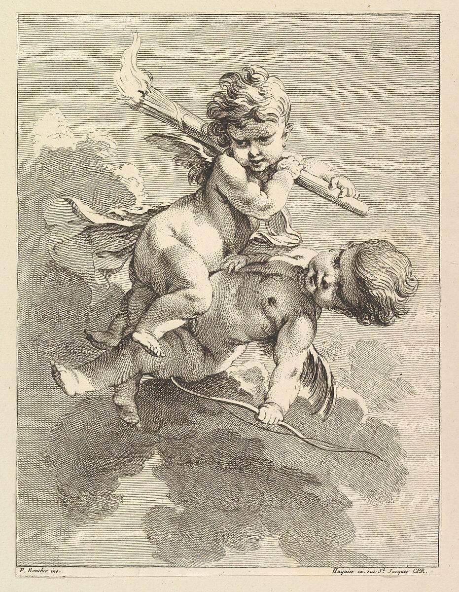 Two Cupids, One Carrying a Torch, Another a Bow, Pierre Alexandre Aveline (French, Paris 1702–1760 Paris), Etching and engraving 