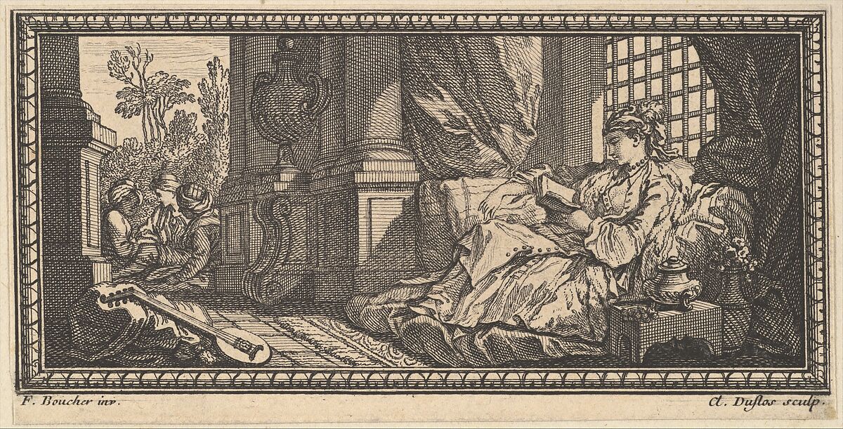 Sultana Reading in the Harem, Claude Augustin Duflos le Jeune (French, Paris 1700–1786 Paris), Etching and engraving 