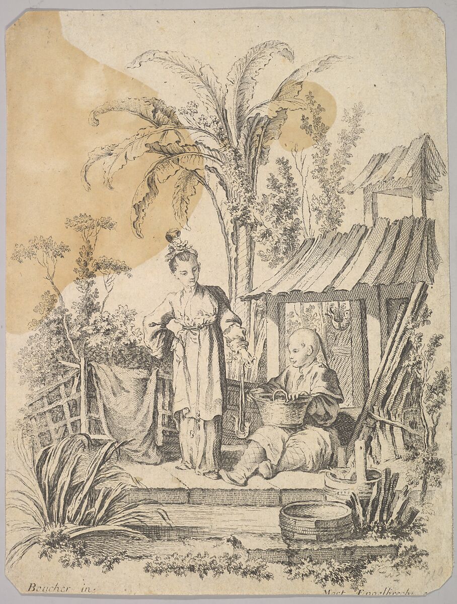 Man Sitting and Woman Carrying a Fish, Martin Engelbrecht (German, Augsburg 1684–1756 Augsburg), Etching and stipple 