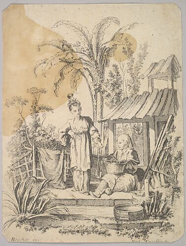 Man Sitting and Woman Carrying a Fish