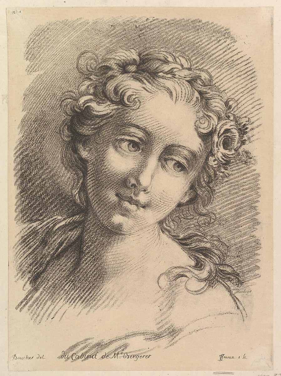 Head of a Woman, Jean Charles François (French, Nancy 1717–1769 Paris), Crayon manner engraving printed in brown ink; first state of two 