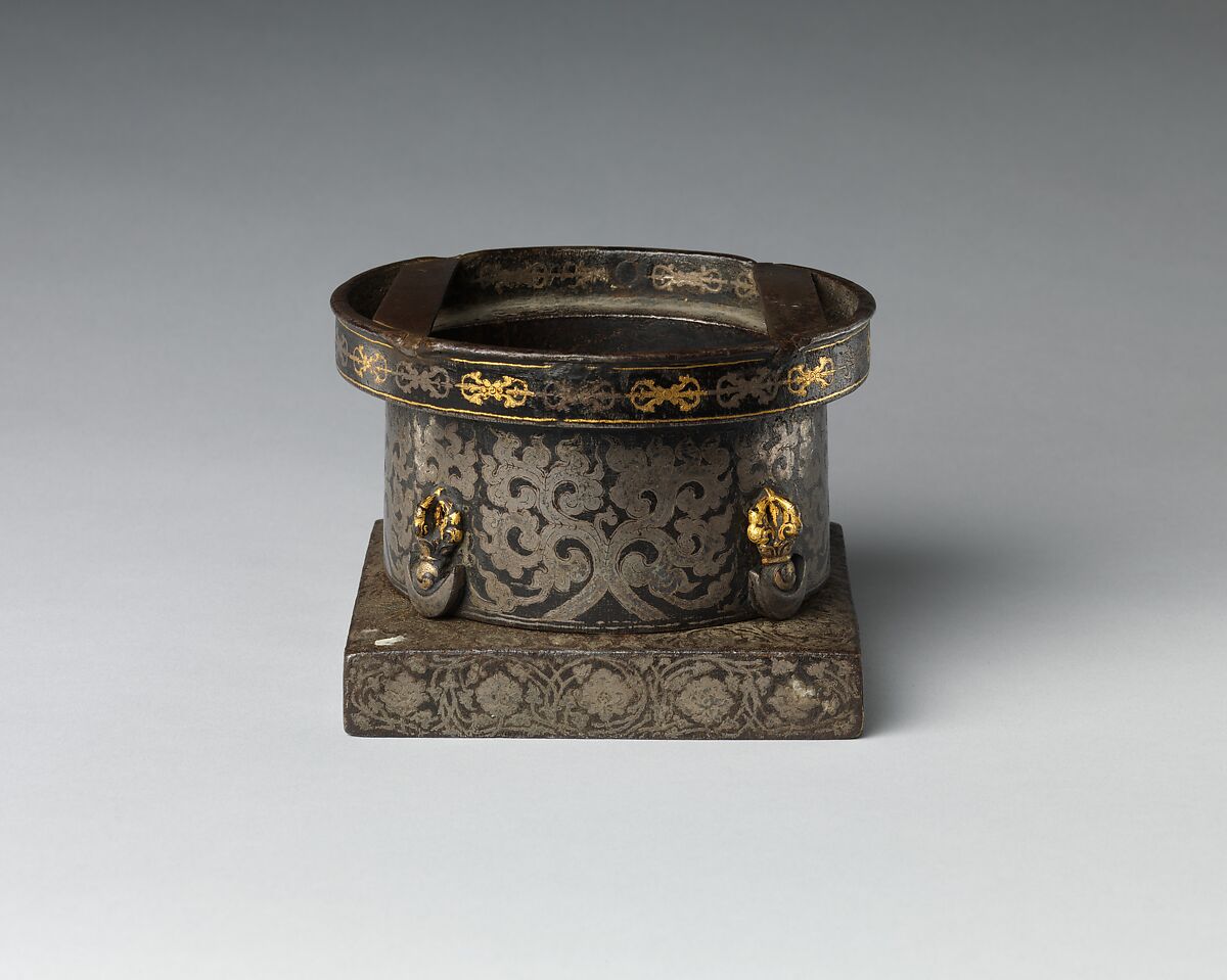 Base from a Purification Brazier, Iron damascened with gold and silver, Tibet, probably Derge