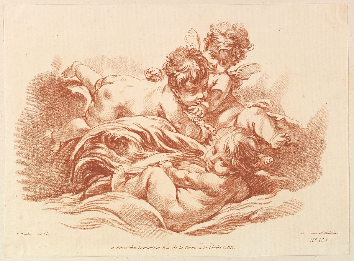 Three Children On Dolphin, Gilles Demarteau (French, Liège 1722–1776 Paris), Crayon manner engraving in brown ink 