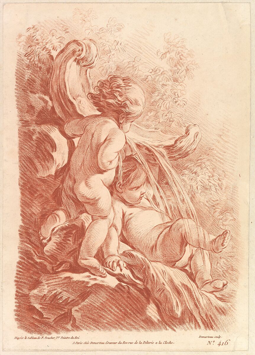Fountain with Two Cupids, Gilles Demarteau (French, Liège 1722–1776 Paris), Crayon manner engraving printed in brown ink 