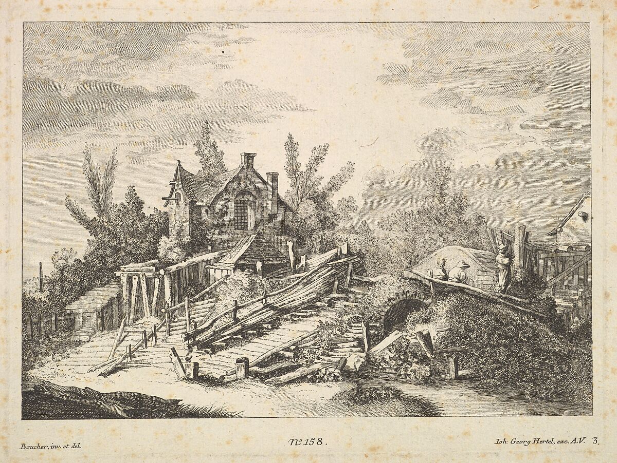 A Landscape with a Home and Three Men on a Bridge, Johann Georg Hertel (German, Augsburg ca. 1700–1775 Augsburg), Etching 