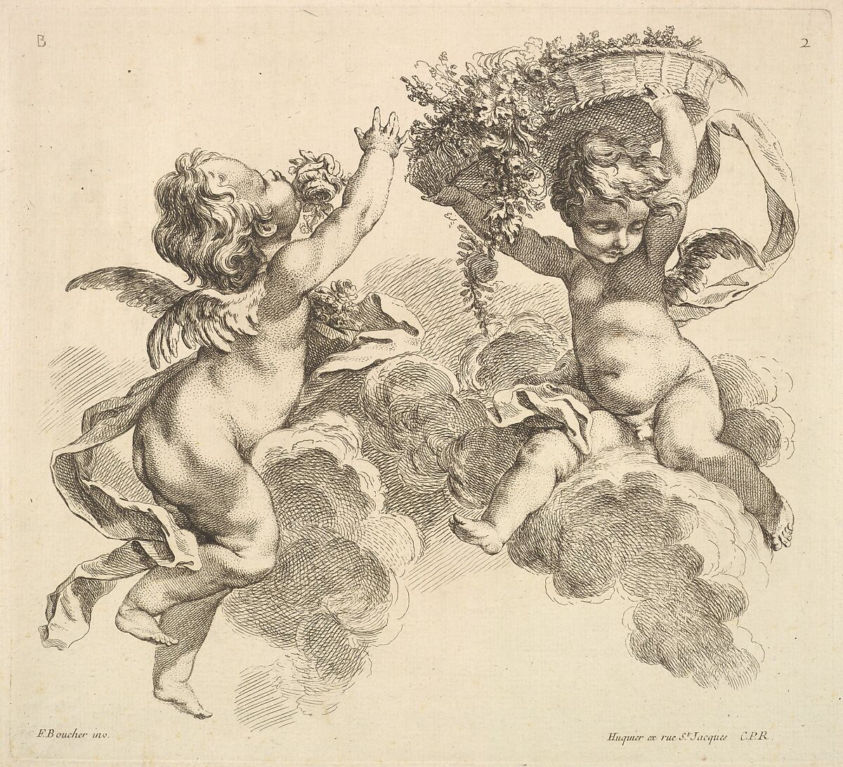 Two Children, One Holding a Basket with Flowers, Gabriel Huquier (French, Orléans 1695–1772 Paris), Etching and engraving 