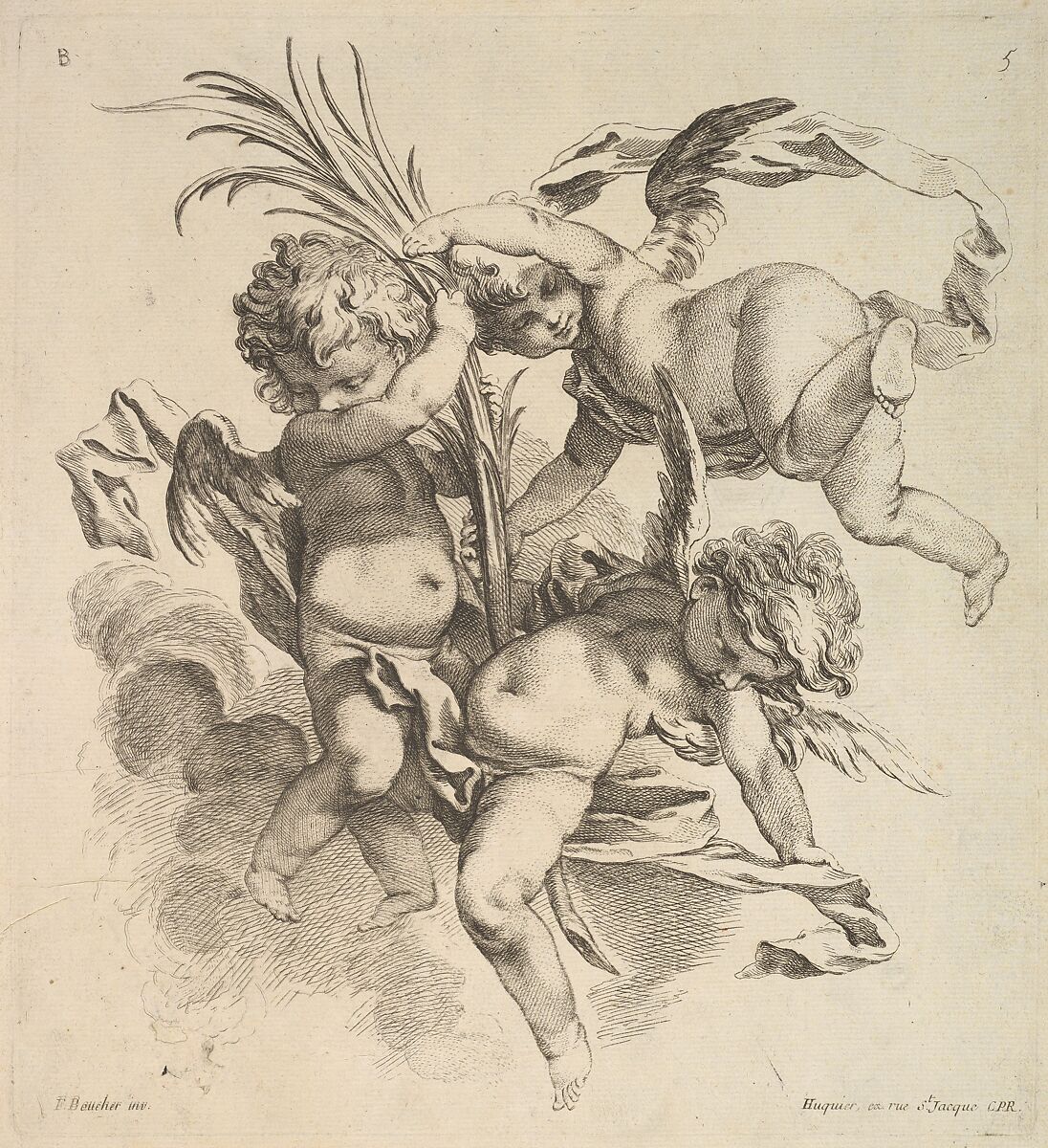 Three Children Among Clouds Near a Palm Leaf, Gabriel Huquier (French, Orléans 1695–1772 Paris), Etching and engraving 