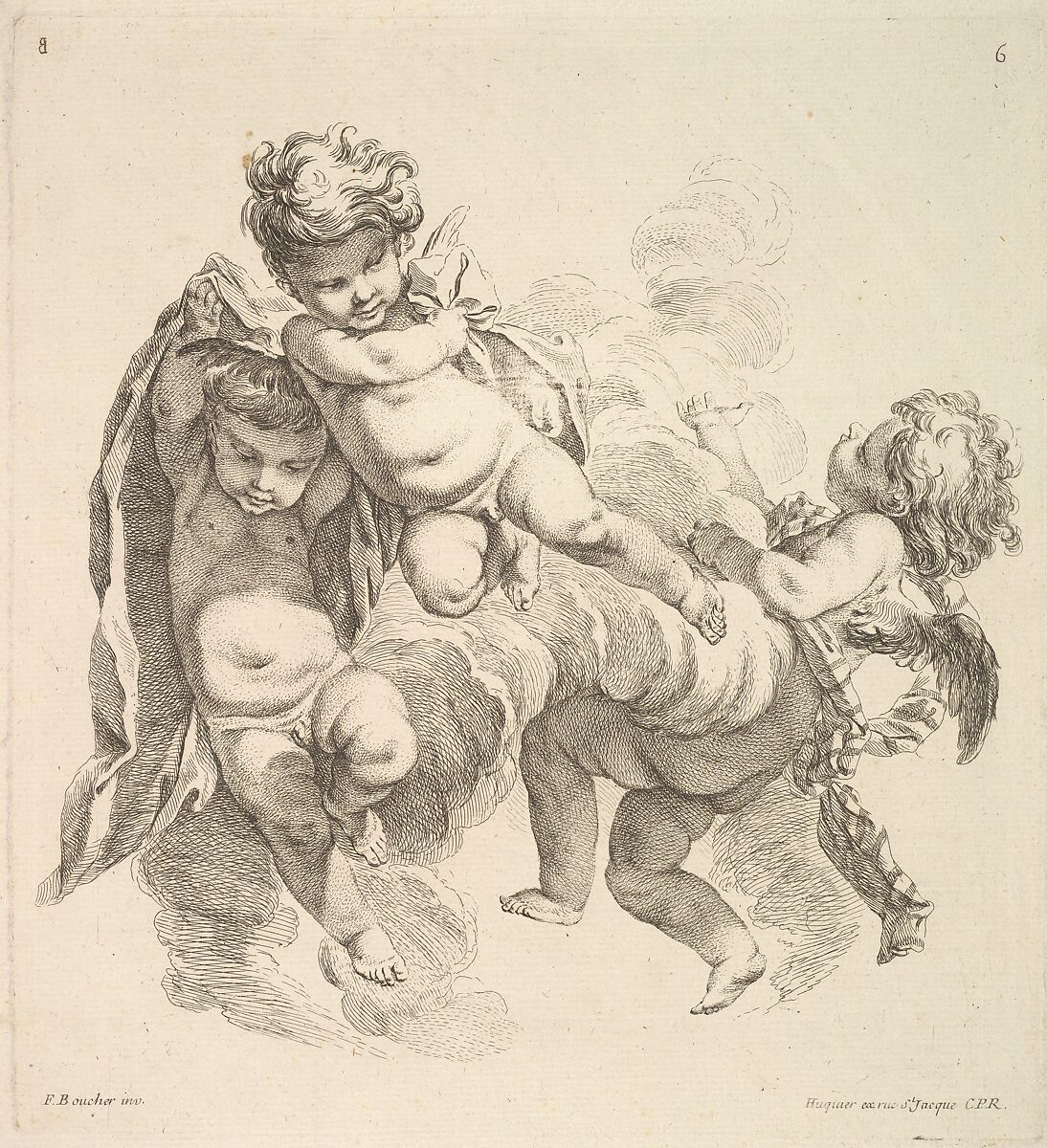 Three Children Among Clouds Carrying a Drapery, Gabriel Huquier (French, Orléans 1695–1772 Paris), Etching and engraving 