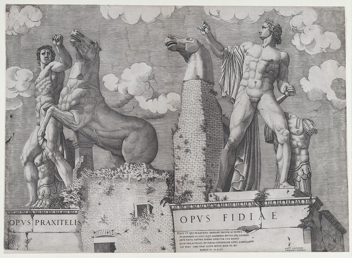Statues of the Dioscuri at the Quirinal, Rome (Speculum Romanae Magnificentiae), Anonymous, Italian, 16th century, Engraving 