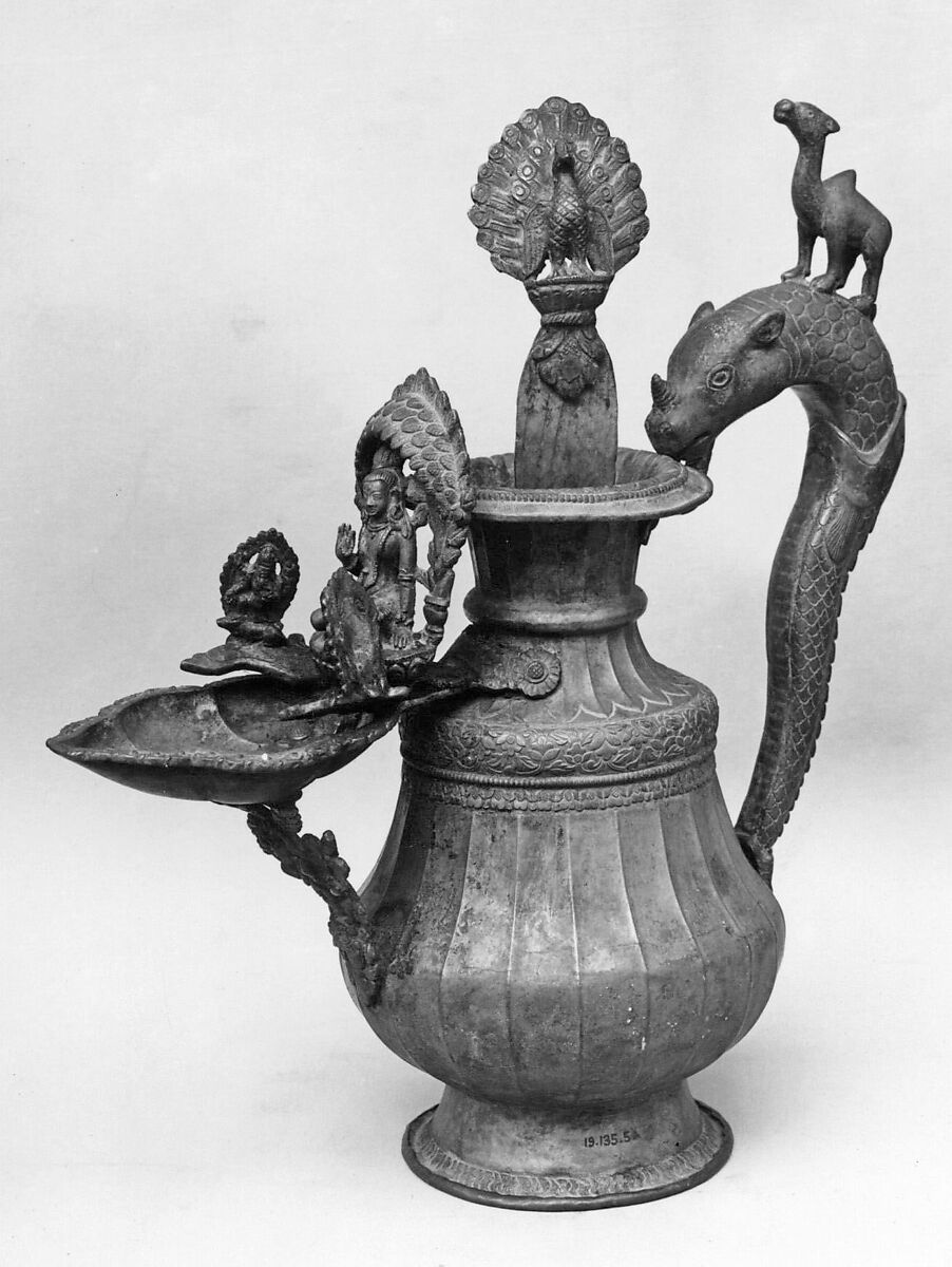 Sacrificial Vase or Lamp with Ladle (Arti), Brass, Nepal (Kathmandu Valley) 