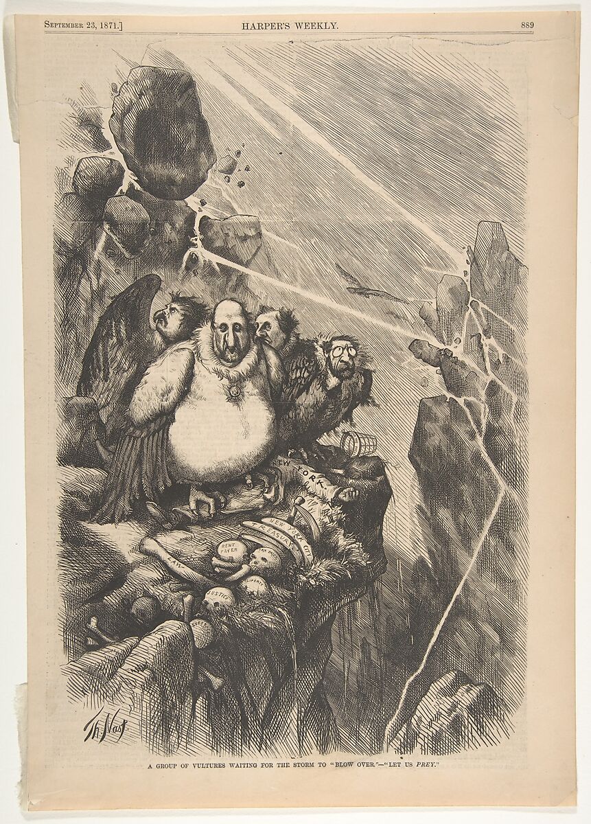A Group of Vultures Waiting for the Storm to "Blow Over"–"Let Us Prey" (from "Harper's Weekly," vol. 15, p. 889), After Thomas Nast (American (born Germany), Landau 1840–1902 Guayaquil), Wood engraving 