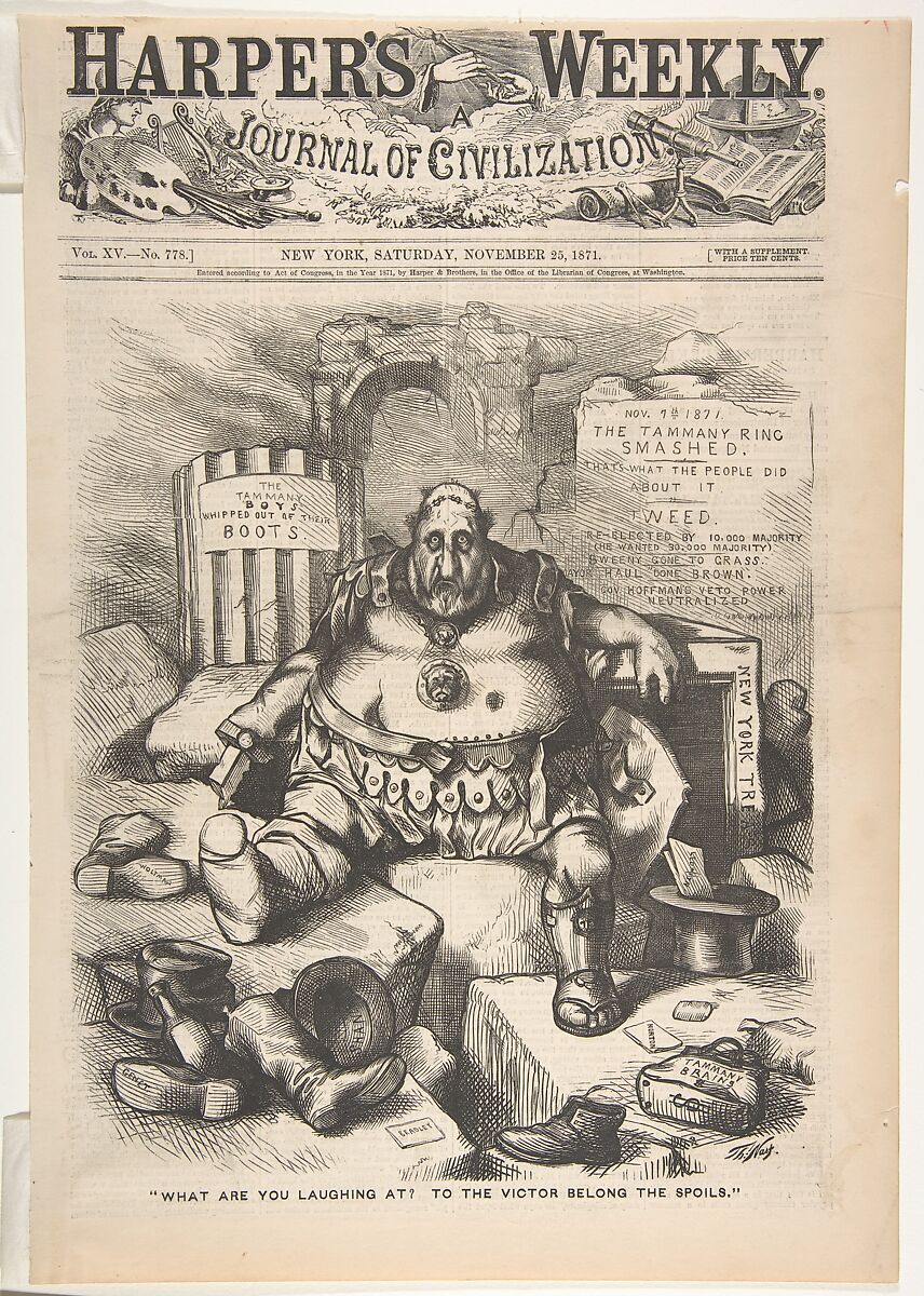 "What Are You Laughing At? To the Victor Belong the Spoils" (from "Harper's Weekly," vol. 15, p. 1097), After Thomas Nast (American (born Germany), Landau 1840–1902 Guayaquil), Wood engraving 