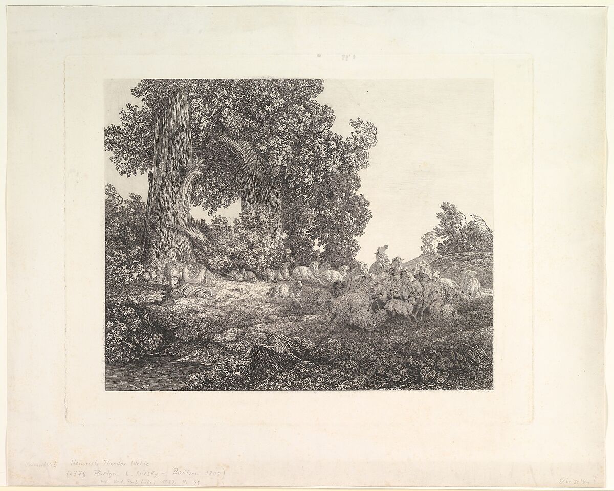 Ideal Landscape with Sleeping Shepherd and Sheep, Attributed to Heinrich Theodor Wehle (German, Förstgen at Niesky 1778–1805 Bautzen), Etching; proof state?