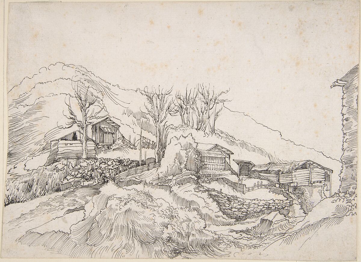 Cottages in a Rocky Landscape, Circle of Wolfgang Huber (German, Feldkirch/Vorarlberg ca. 1485/90–1553 Passau), Pen and black ink 