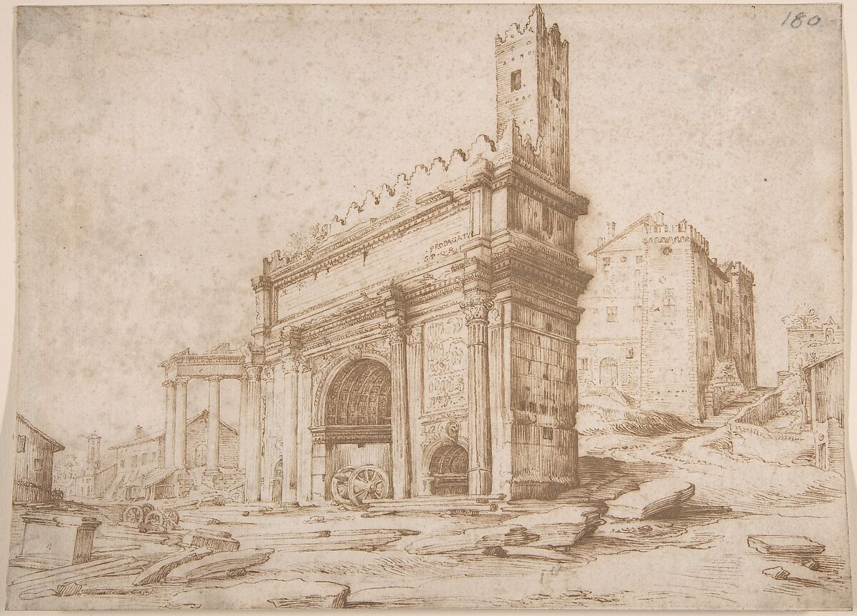 The Arch of Septimius Severus Seen from the East, Jan Brueghel the Elder (Netherlandish, Brussels 1568–1625 Antwerp), Pen and brown ink 